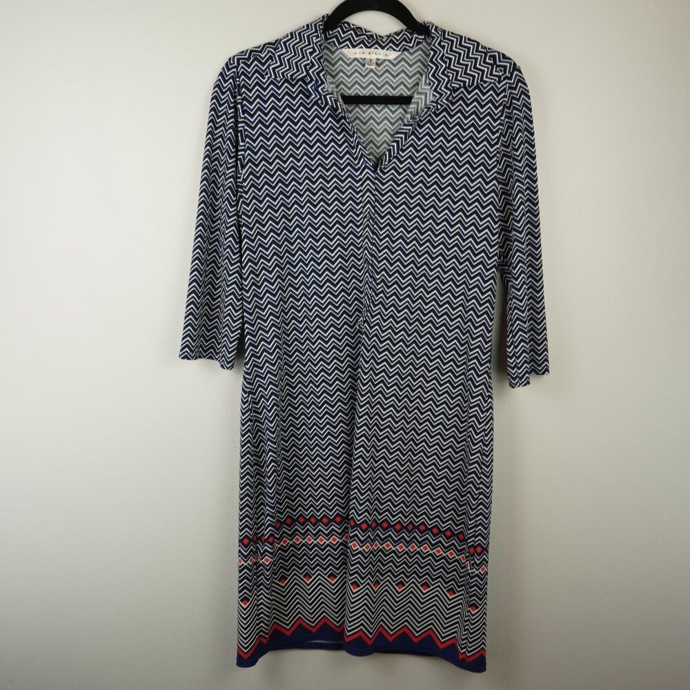Max Studio Navy Blue & Coral Chevron Patterned Collared V-Neck Midi Dress SZ S